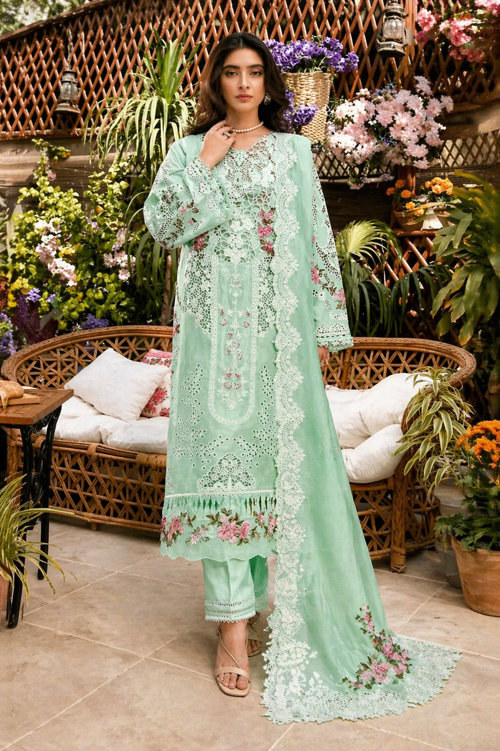 Elaf  Elegance Mint Chikankari Lawn 3 Piece Suit