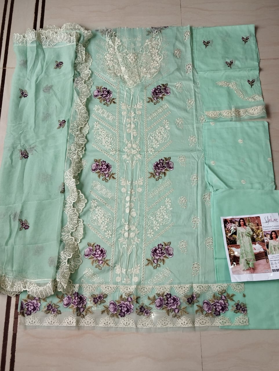 Elaf  Elegance Mint Chikankari Lawn 3 Piece Suit